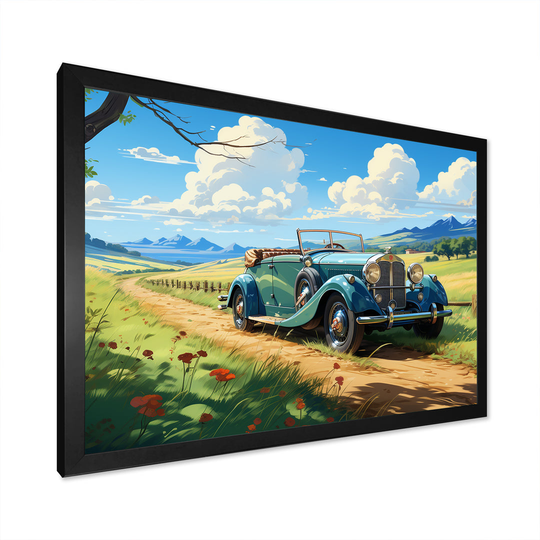 Green Classic American Car on a Lush Green Meadow - Car Old American Canvas Wall Art