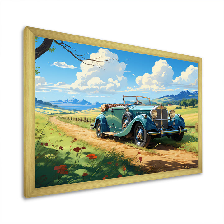 Green Classic American Car on a Lush Green Meadow - Car Old American Canvas Wall Art