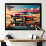 Orange and pink classic American car on the beach - Car Old American Canvas Wall Art