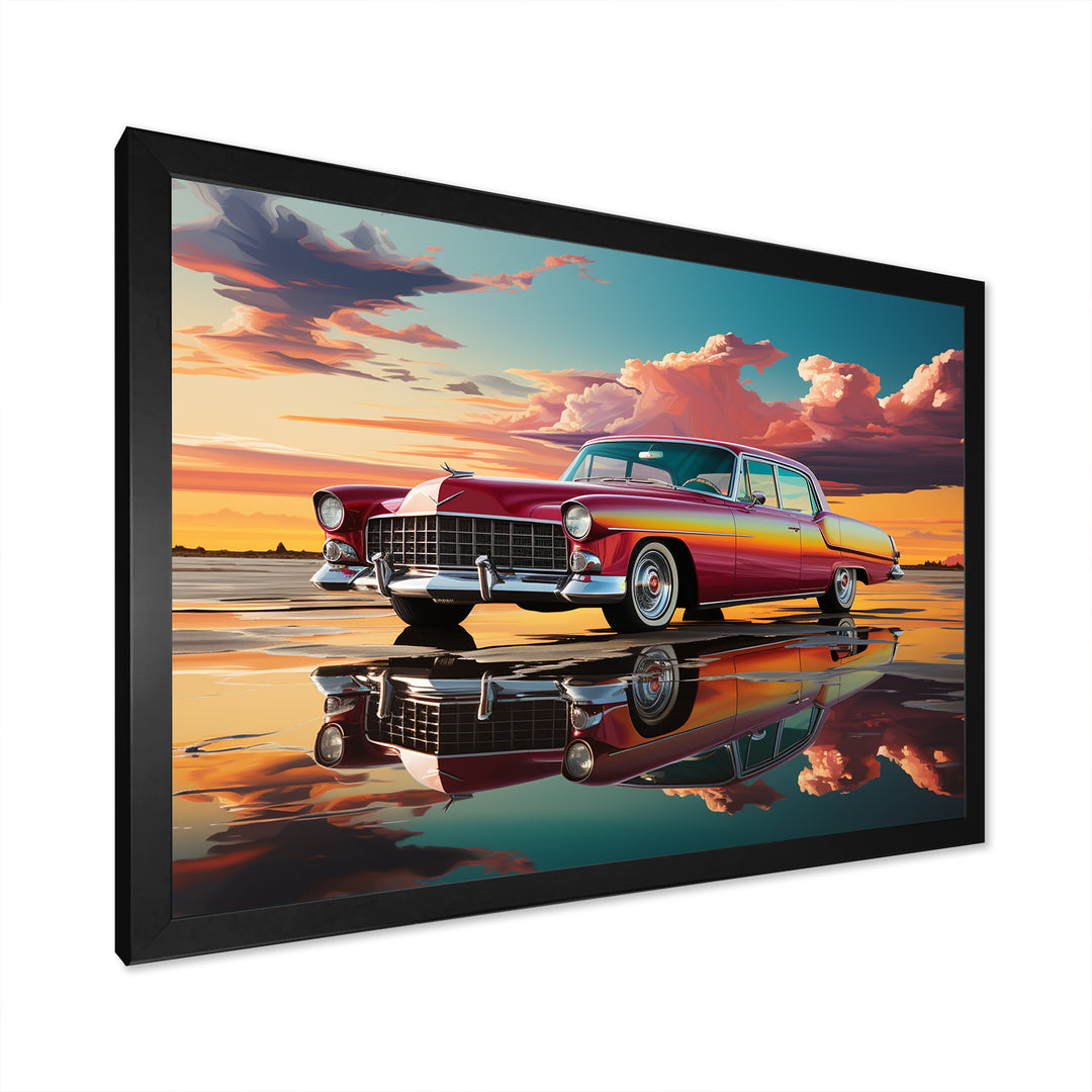 Orange and pink classic American car on the beach - Car Old American Canvas Wall Art