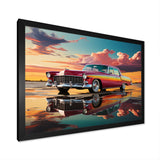 Orange and pink classic American car on the beach - Car Old American Canvas Wall Art