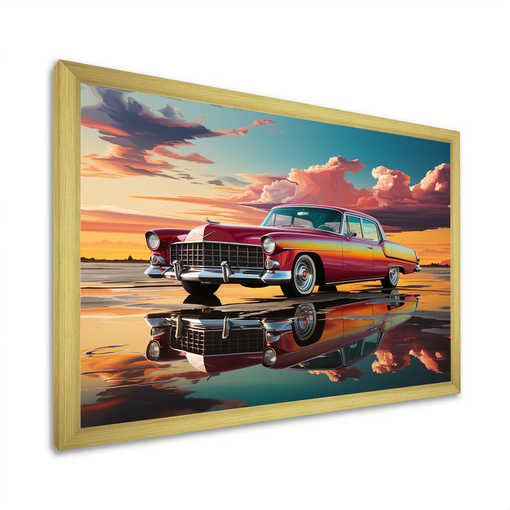 Orange and pink classic American car on the beach - Car Old American Canvas Wall Art