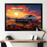 Pink and yellow Classic American Car sunset meadows - Car Old American Canvas Wall Art
