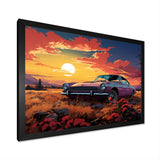 Pink and yellow Classic American Car sunset meadows - Car Old American Canvas Wall Art