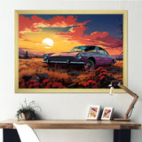 Pink and yellow Classic American Car sunset meadows - Car Old American Canvas Wall Art