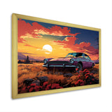 Pink and yellow Classic American Car sunset meadows - Car Old American Canvas Wall Art