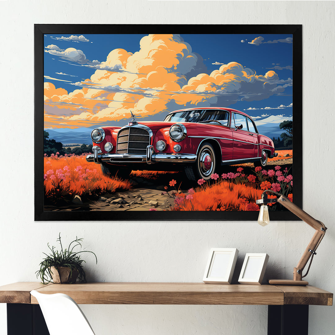 Vintage Escape Classic Car Among orange Blooms - Car Old American Canvas Wall Art