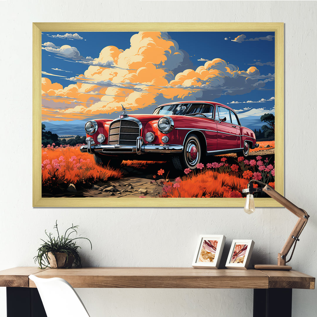 Vintage Escape Classic Car Among orange Blooms - Car Old American Canvas Wall Art