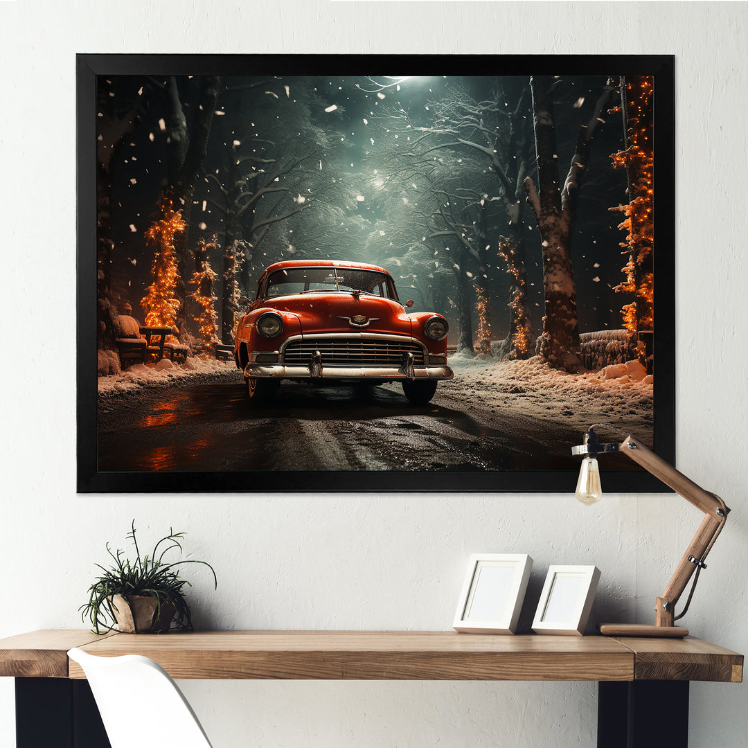 Red Classic American Car winter snow - Car Old American Canvas Wall Art