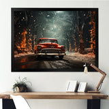 Red Classic American Car winter snow - Car Old American Canvas Wall Art