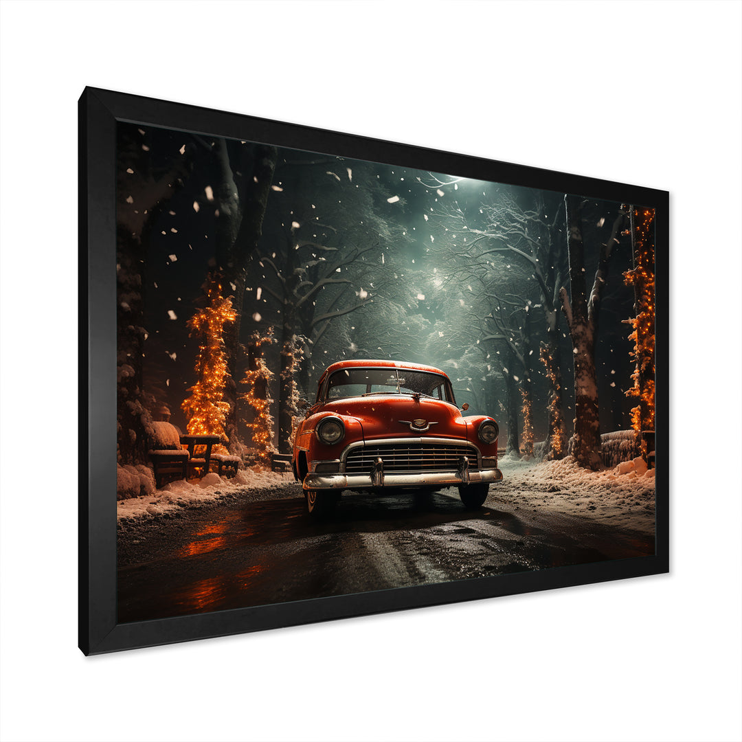 Red Classic American Car winter snow - Car Old American Canvas Wall Art