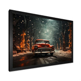 Red Classic American Car winter snow - Car Old American Canvas Wall Art