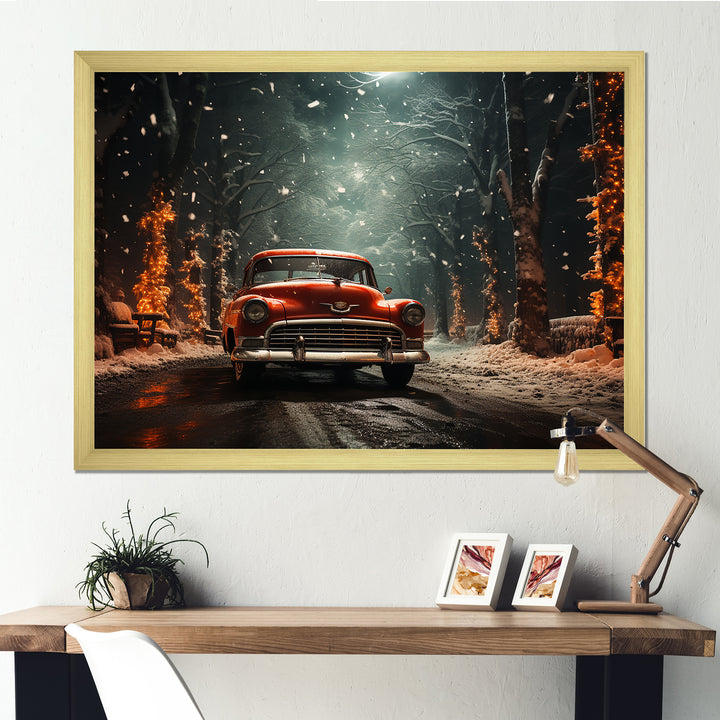 Red Classic American Car winter snow - Car Old American Canvas Wall Art