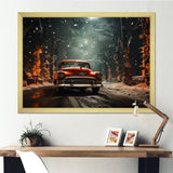 Red Classic American Car winter snow - Car Old American Canvas Wall Art