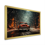 Red Classic American Car winter snow - Car Old American Canvas Wall Art