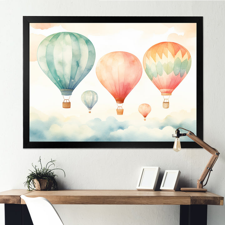 Green and red watercolor Hot Air Balloon horizon I - Hot Air Balloon Canvas Wall Art