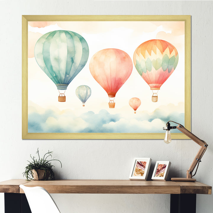 Green and red watercolor Hot Air Balloon horizon I - Hot Air Balloon Canvas Wall Art