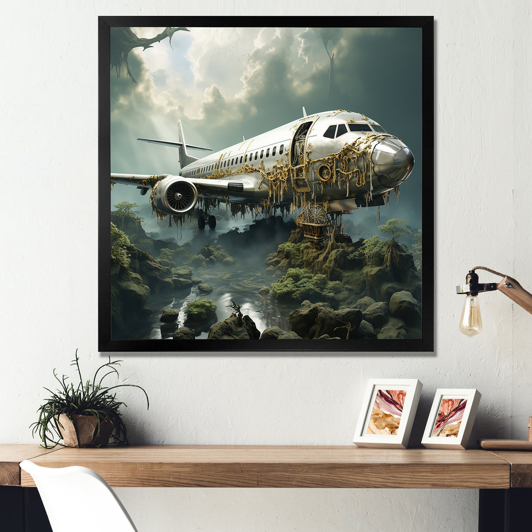 Green crashed Plane in the jungle - Plane Canvas Wall Art