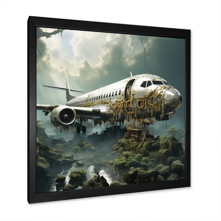 Green crashed Plane in the jungle - Plane Canvas Wall Art