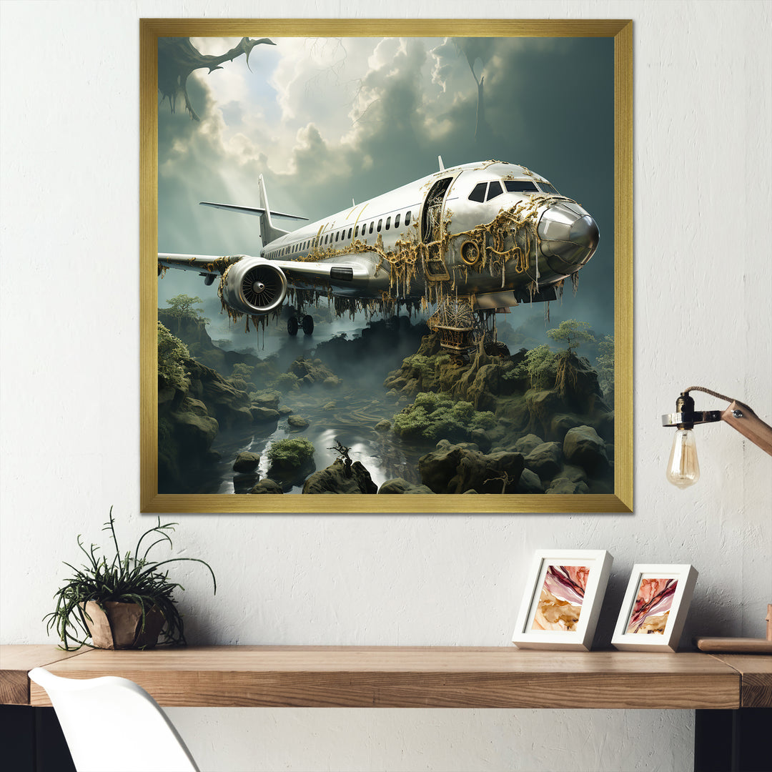 Green crashed Plane in the jungle - Plane Canvas Wall Art