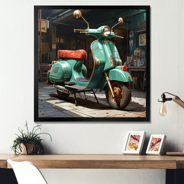 Green Scotter on the streets - Scooter Canvas Wall Art