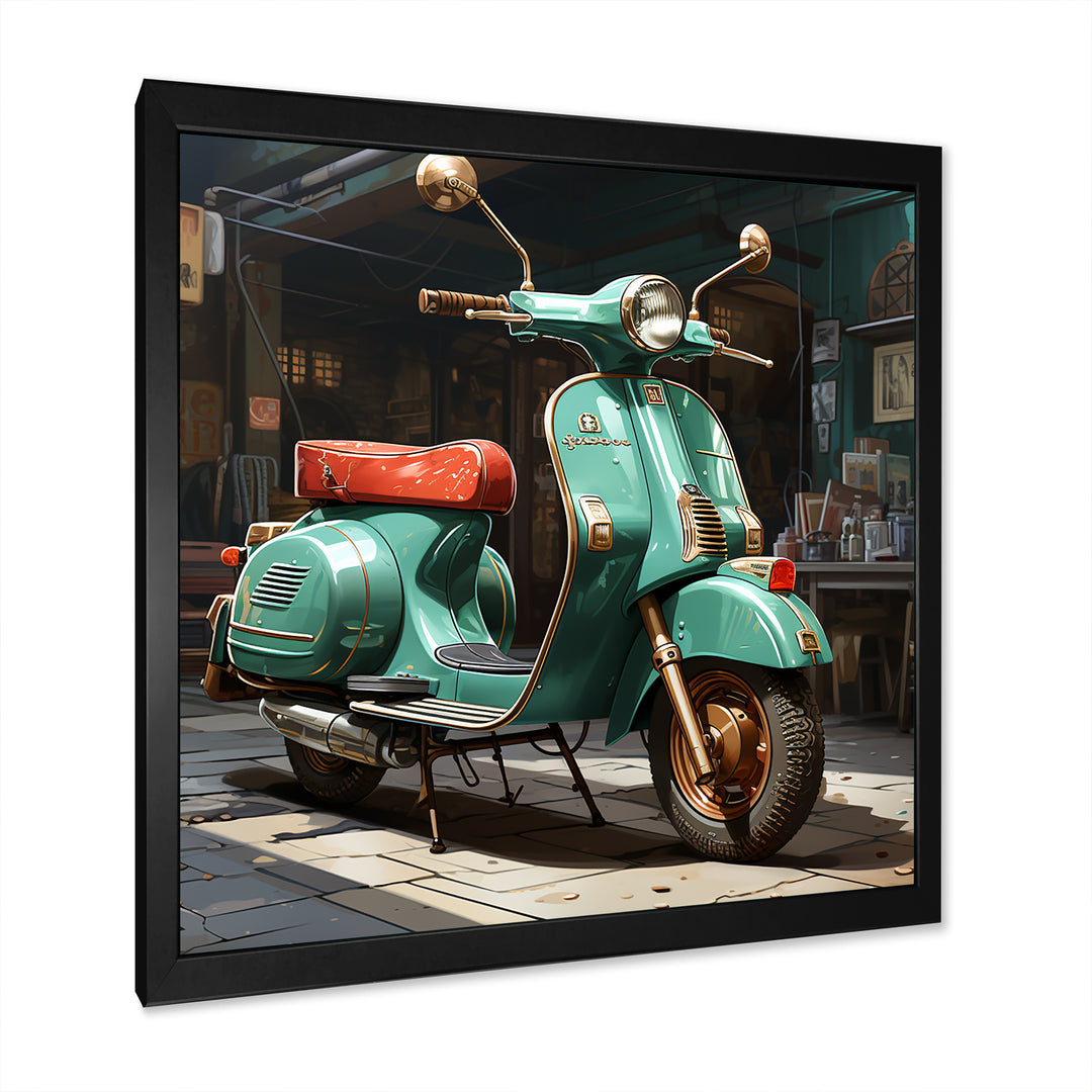 Green Scotter on the streets - Scooter Canvas Wall Art