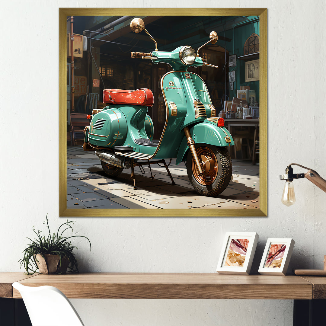 Green Scotter on the streets - Scooter Canvas Wall Art