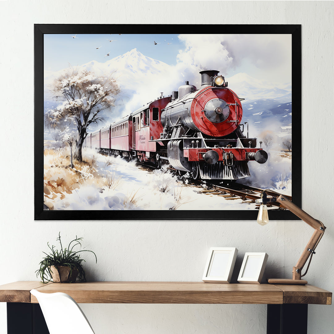 Red and white beautiful countryside train - Transportation Train Canvas Wall Art