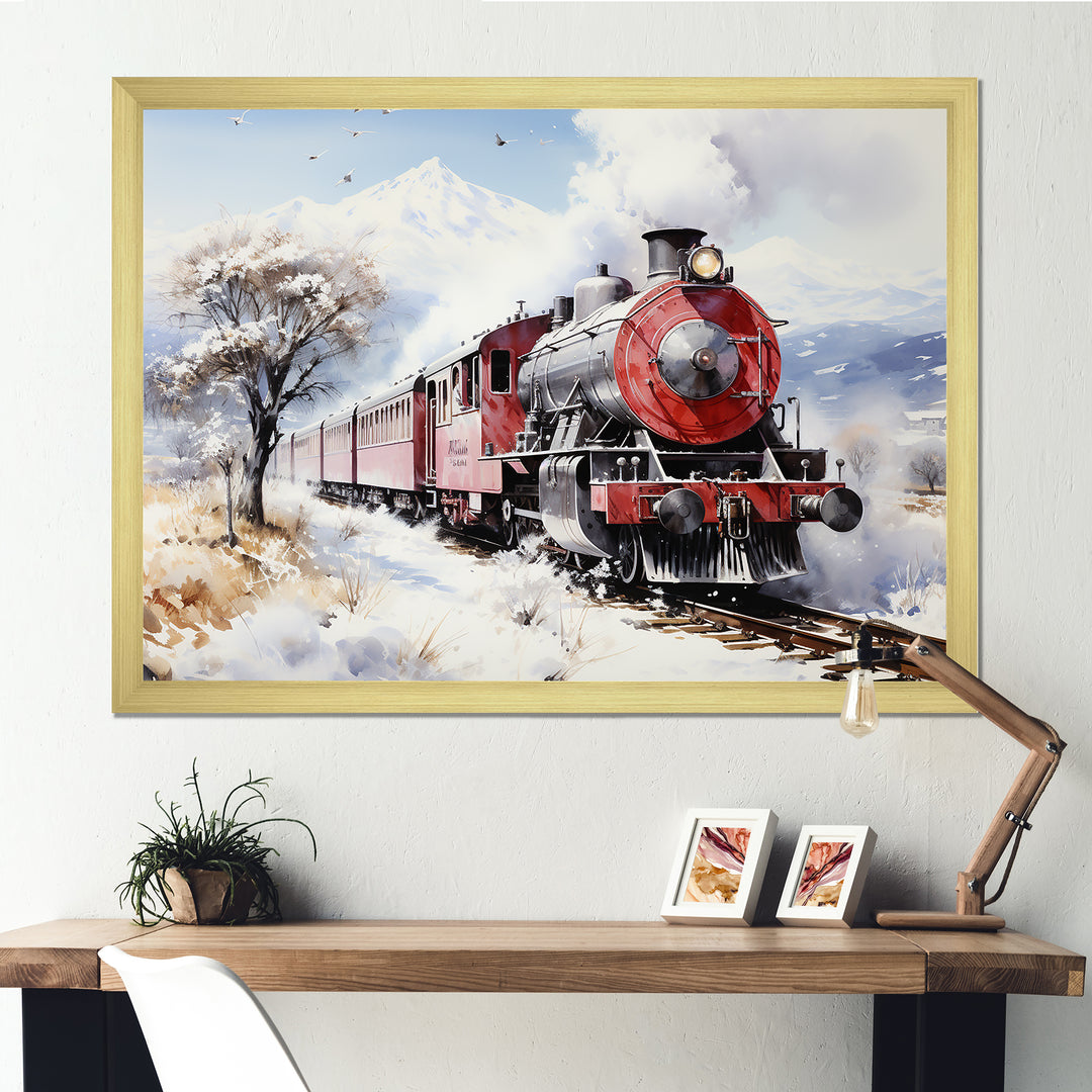 Red and white beautiful countryside train - Transportation Train Canvas Wall Art