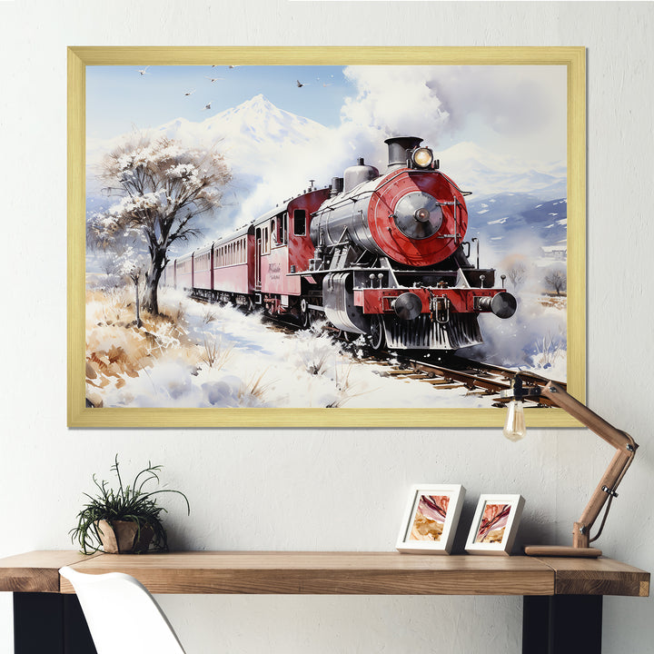 Red and white beautiful countryside train - Transportation Train Canvas Wall Art