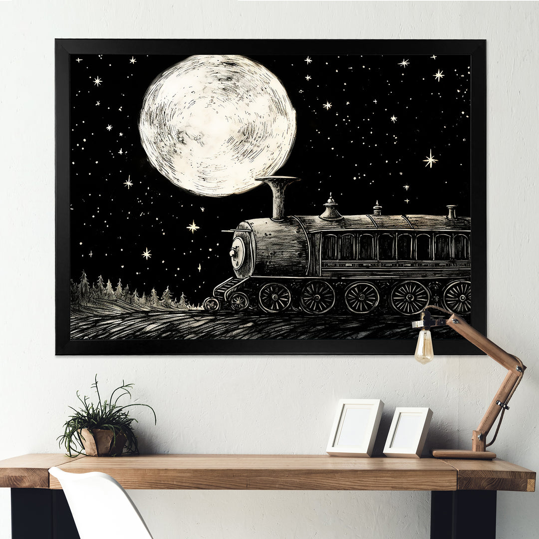 Black and white train at night I - Transportation Train Canvas Wall Art