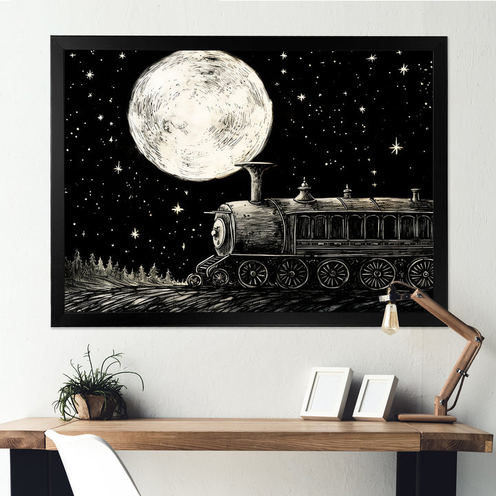 Black and white train at night I - Transportation Train Canvas Wall Art