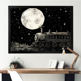 Black and white train at night I - Transportation Train Canvas Wall Art