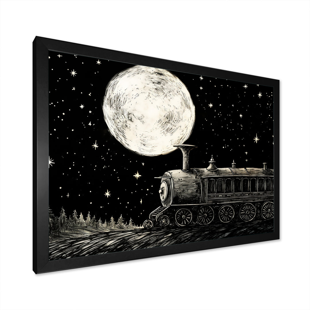 Black and white train at night I - Transportation Train Canvas Wall Art