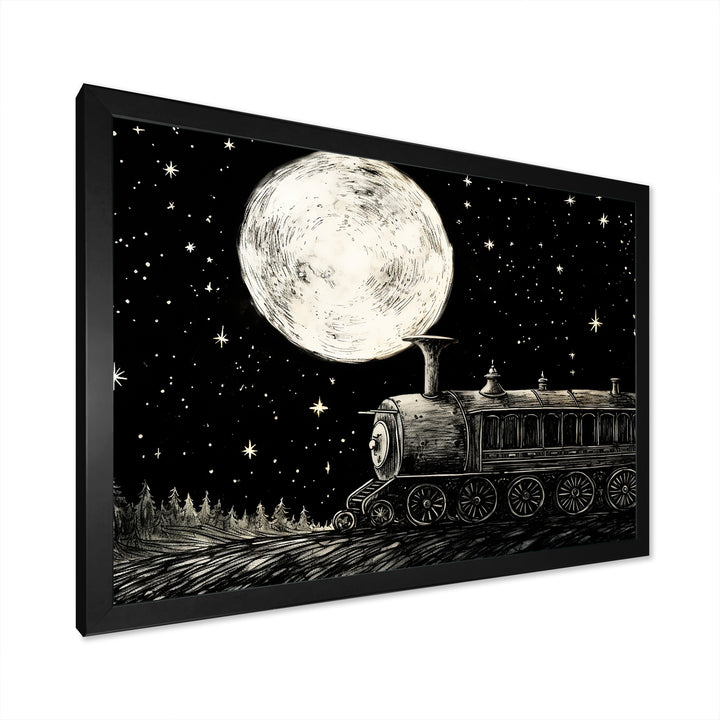 Black and white train at night I - Transportation Train Canvas Wall Art