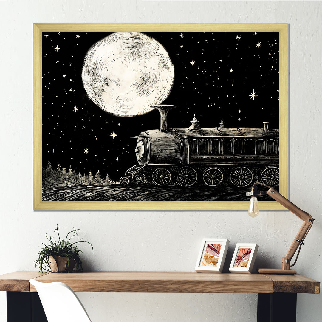 Black and white train at night I - Transportation Train Canvas Wall Art
