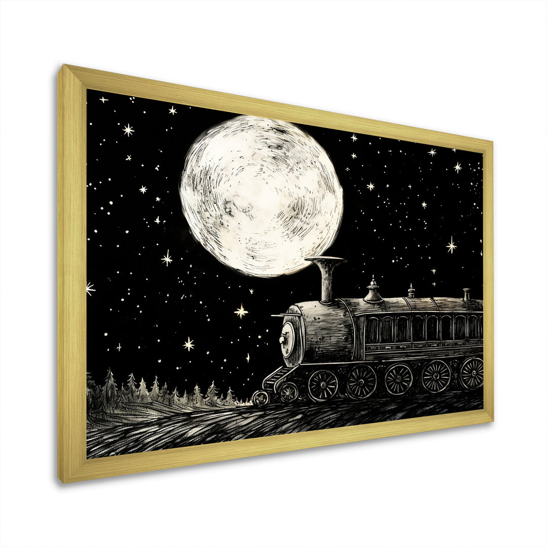 Black and white train at night I - Transportation Train Canvas Wall Art