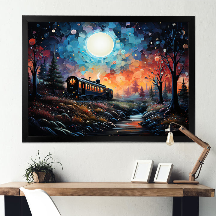 Orange moonlight countryside Train Journey I - Transportation Train Canvas Wall Art