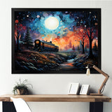 Orange moonlight countryside Train Journey I - Transportation Train Canvas Wall Art