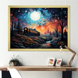 Orange moonlight countryside Train Journey I - Transportation Train Canvas Wall Art