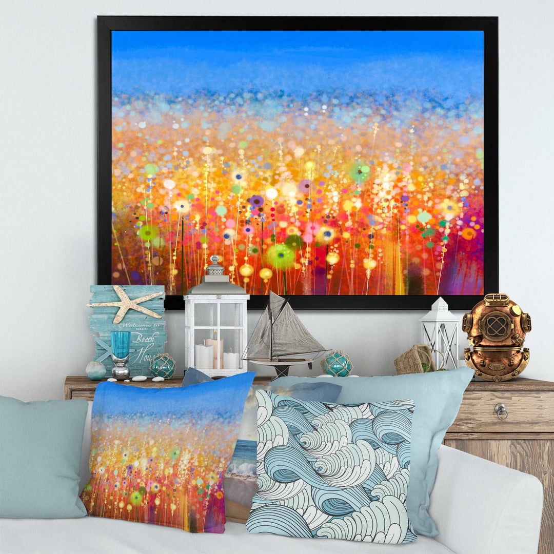 Abstract Flower Field Watercolor Painting Framed Print Vibrant Black - 1.5" Width