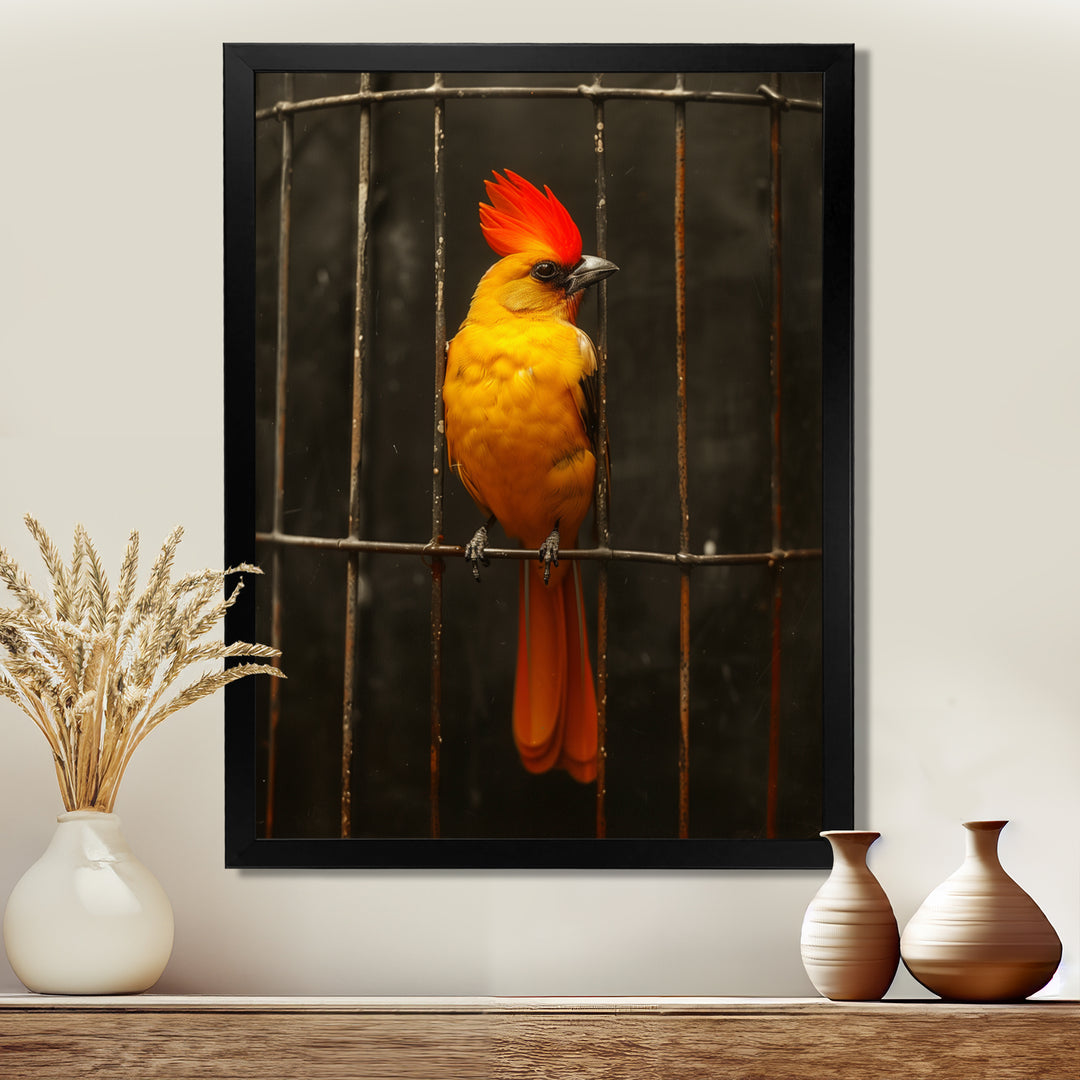 Yellow red Caged Bird elegance - Bird Canvas Wall Art