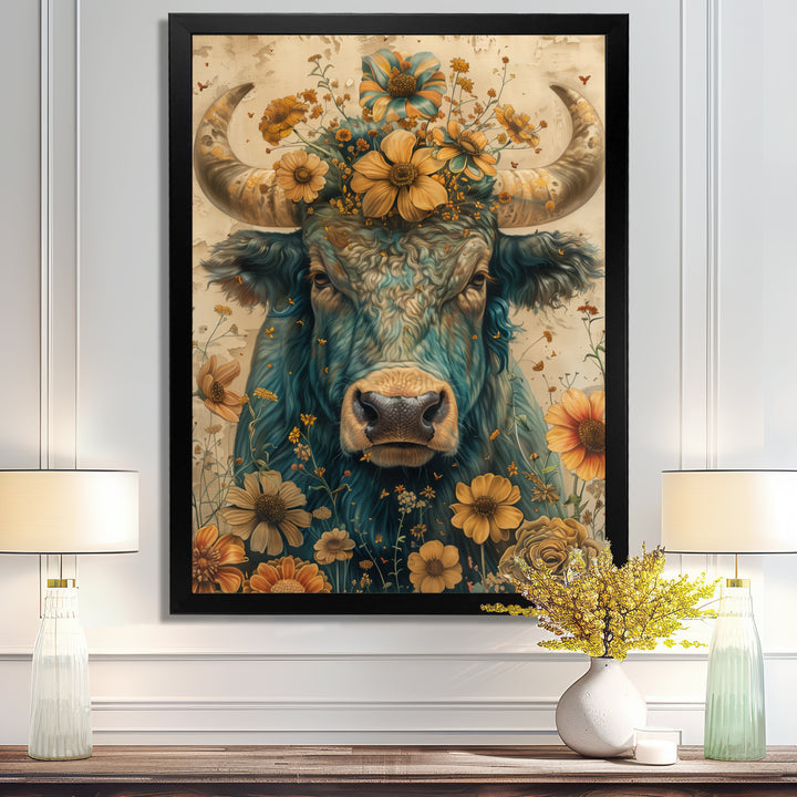 Vintage floral green Taurus portrait - Green Taurus Wall Art