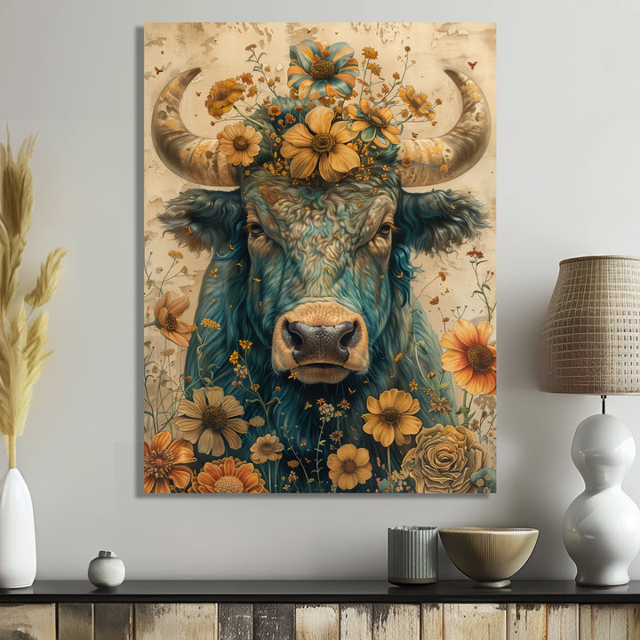 Vintage floral green Taurus portrait - Green Taurus Wall Art