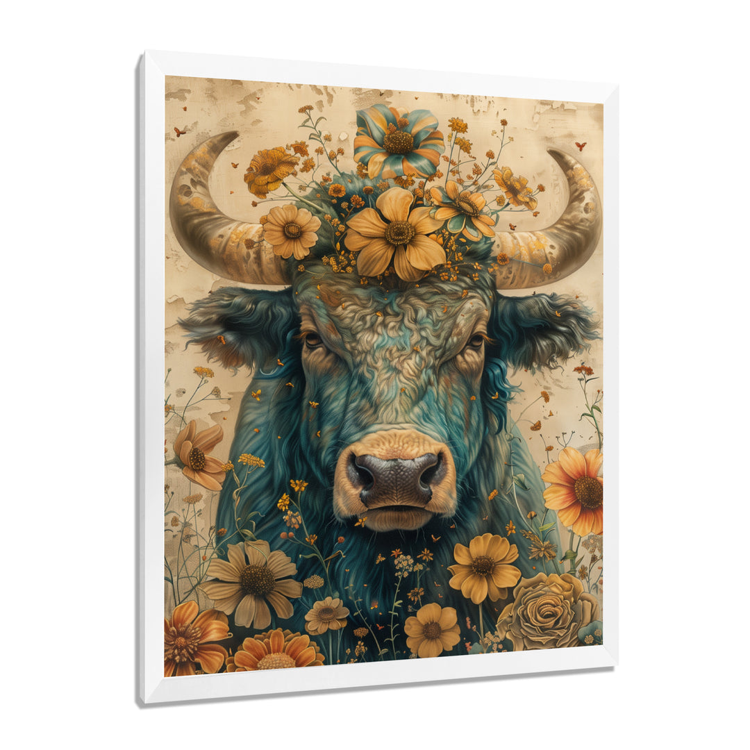 Vintage floral green Taurus portrait - Green Taurus Wall Art