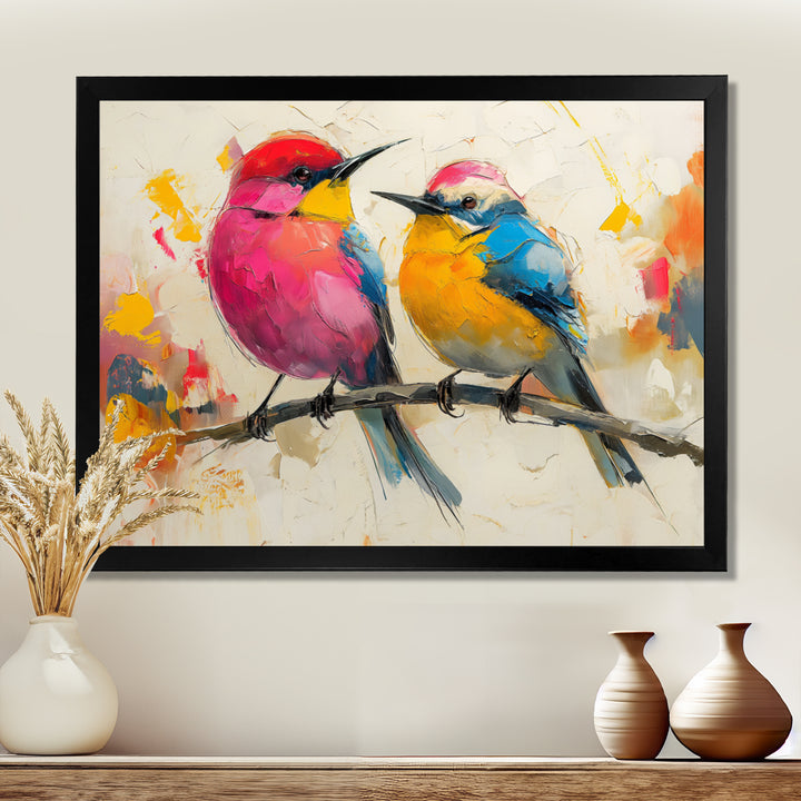 Pink yellow birds on floral branch - Bird Living Room Wall Art