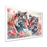 White pink tigers flowers meadows - Tiger Framed Canvas Art