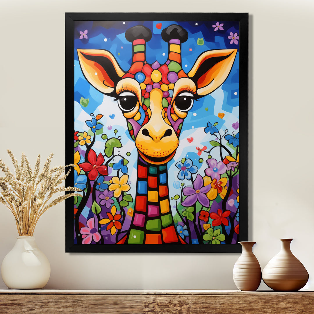 Colorful cute Giraffe in jungle landscape - Giraffe Framed Canvas Art