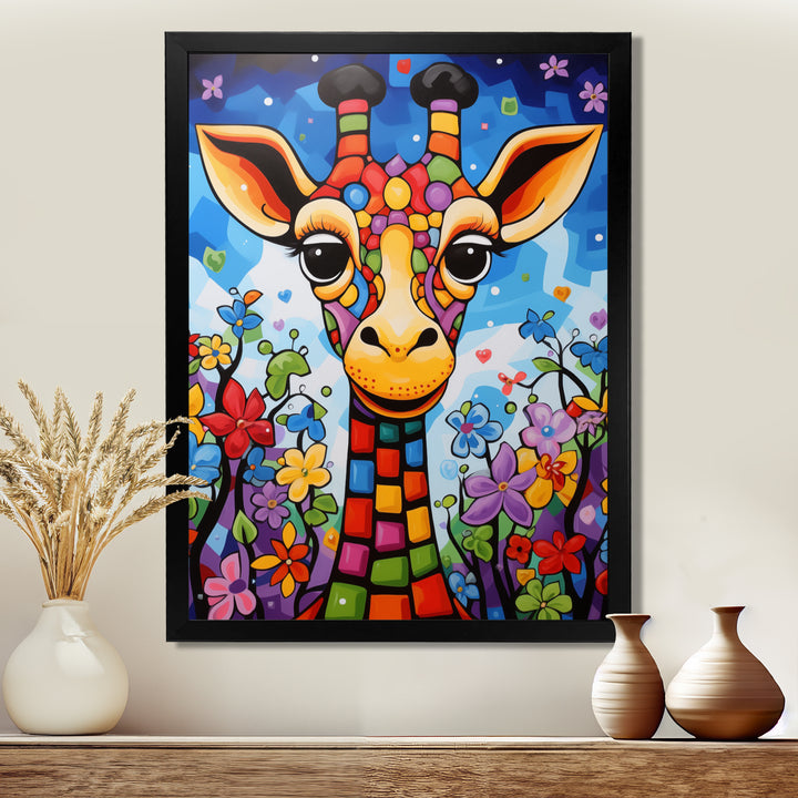 Colorful cute Giraffe in jungle landscape - Giraffe Framed Canvas Art