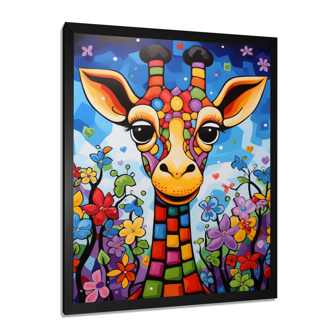 Colorful cute Giraffe in jungle landscape - Giraffe Framed Canvas Art